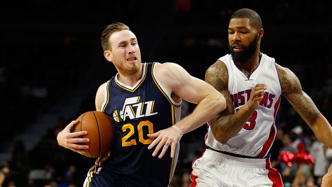 Detroit Pistons forward Marcus Morris, right, guards the Utah Jazz's Gordon Hayward during the second half at the Palace of Auburn Hills on Oct. 28, 2015.