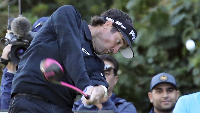 Bubba Watson hits a drive off the second tee in the second round of the Genesis Open at Riviera Country Club in Pacific Palisades on Friday.