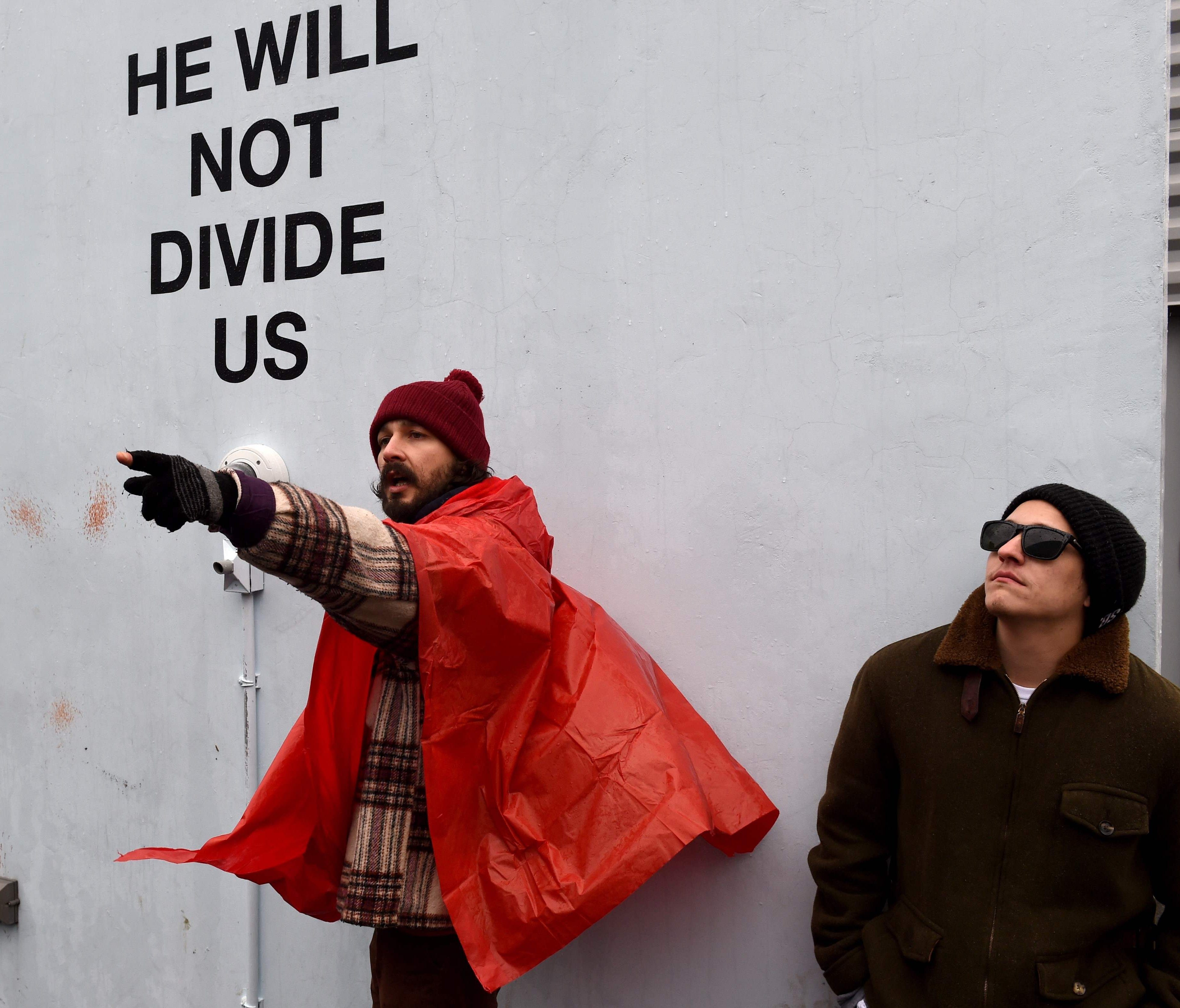 Actor Shia LaBeouf during his 'He Will Not Divide Us' livestream outside the Museum of the Moving Image in Astoria, in the Queens borough of New York Jan. 24, 2017 as a protest against President Trump.