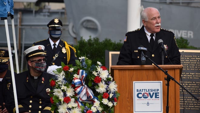 Bristol County Sheriff Thomas M. Hodgson speaks at the 9/11 remembrance ceremony at Battleship Cove in this file photo.