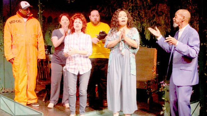 Will Bryson, Leah Smith, Linda Rabin Hammell, Aral Gribble, Jenaya Jones Reynolds and Cornell Markham in Detroit Repertory Theatre's production of "Ghost Gardens."