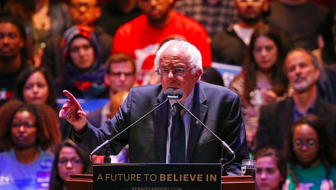 Sen. Bernie Sanders speaks to students and other supporters during a rally at Indiana University Auditorium, Bloomington, Ind., Wednesday, April 27, 2016.