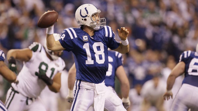 FILE -This Jan. 8, 2011, file photo shows Indianapolis Colts quarterback Peyton Manning (18) in action during the second quarter of an AFC wild card football playoff game in Indianapolis.