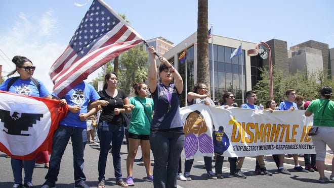 Arizona Center for Empowerment, No Dream Deferred, ADAC, Puente and other organizations protest outside the U.S. Immigration and Customs Enforcement Office in Phoenix on June 23, 2016. The Supreme Court deadlock means President Barack Obama's immigration plan has been blocked.