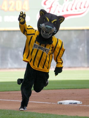 The UWM Panthers mascot rounds the bases at Miller Park in a 2012 appearance.