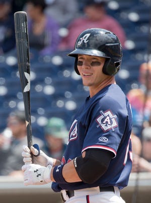 Reno Aces left fielder Peter O'Brien bats during a game against the Las Vegas 51s on Wednesday, April 22, 2015, at Aces Ballpark in Reno, Nev.