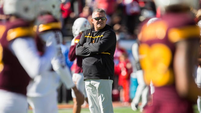 Dec 29, 2017: Arizona State Sun Devils head coach Todd Graham looks at his during warmups before facing the North Carolina State Wolfpack in the 2017 Sun Bowl at Sun Bowl Stadium.