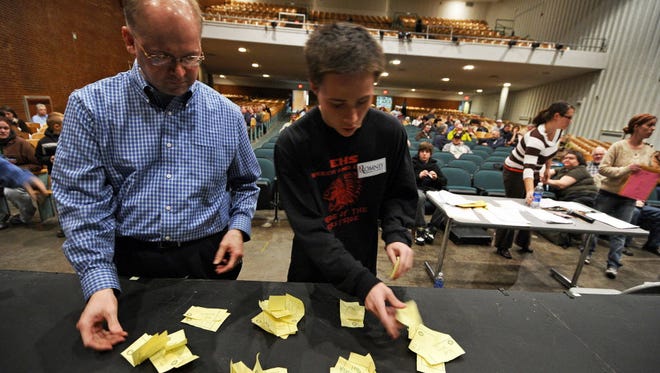 Volunteers count ballots during the Republican caucuses in Des Moines in 2012.