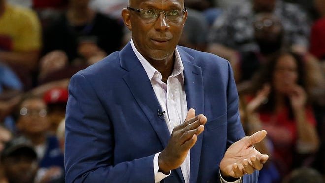 FILE - In this July 16, 2017, file photo, Big3  basketball team Power coach Clyde Drexler looks on during a game against the Ghost Ballers in Philadelphia. Hall of Fame basketball player Clyde Drexler is the new commissioner of the Big3 league. He's signed a three-year deal as commissioner, the Big3 announced Thursday, March 15, 2018. (AP Photo/Rich Schultz, File)