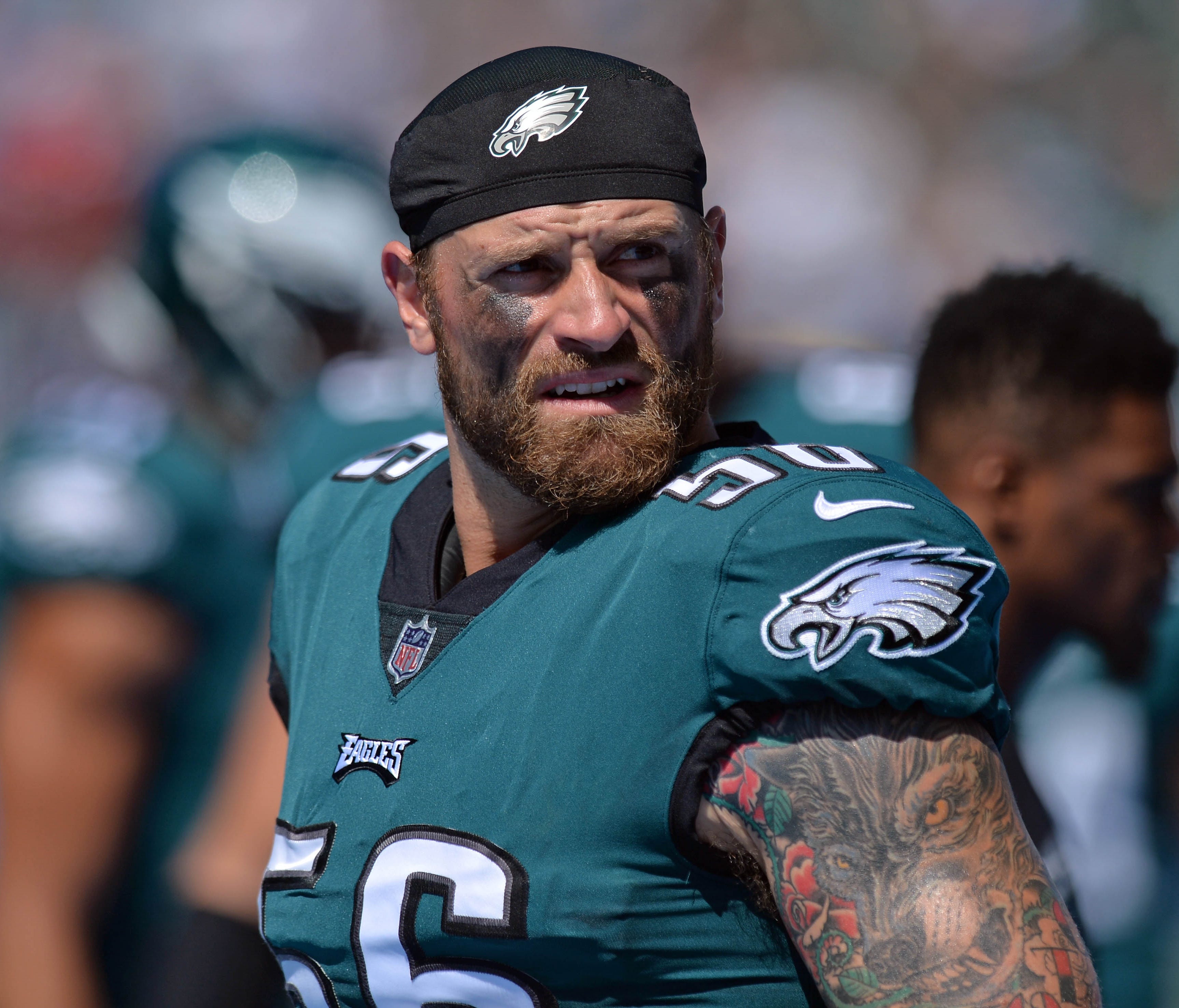 Philadelphia Eagles defensive end Chris Long looks on before the game against the Los Angeles Chargers at StubHub Center.