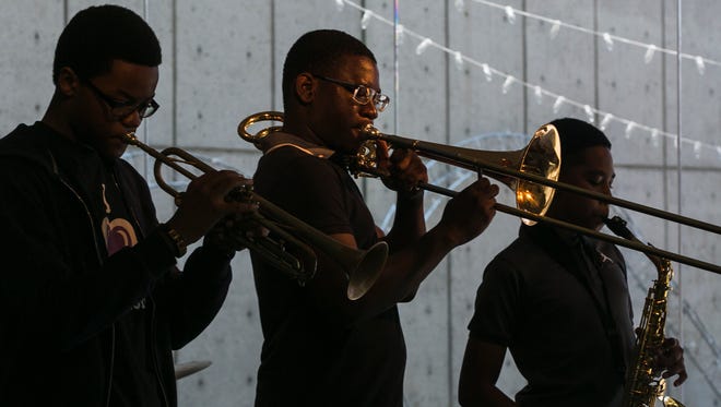 July 12, 2017 - (From left to right) - Jeffrey Huddleston, 16, Manning Bonner, 16, and Jadon Thomas, 13, practice the song "Byrd Like" by Freddie Hubbard during the Memphis Jazz Workshop at Visible Music College on Wednesday. Concerts will be held at Trezevant Manor, located at 177 N. Highland St., at 7 p.m. and 9 p.m. on Friday, July 14. The event is by invitation only but for reservations, please email Barbara Christensen, chair of the board, Memphis Jazz Workshop, at barbharps@gmail.com.