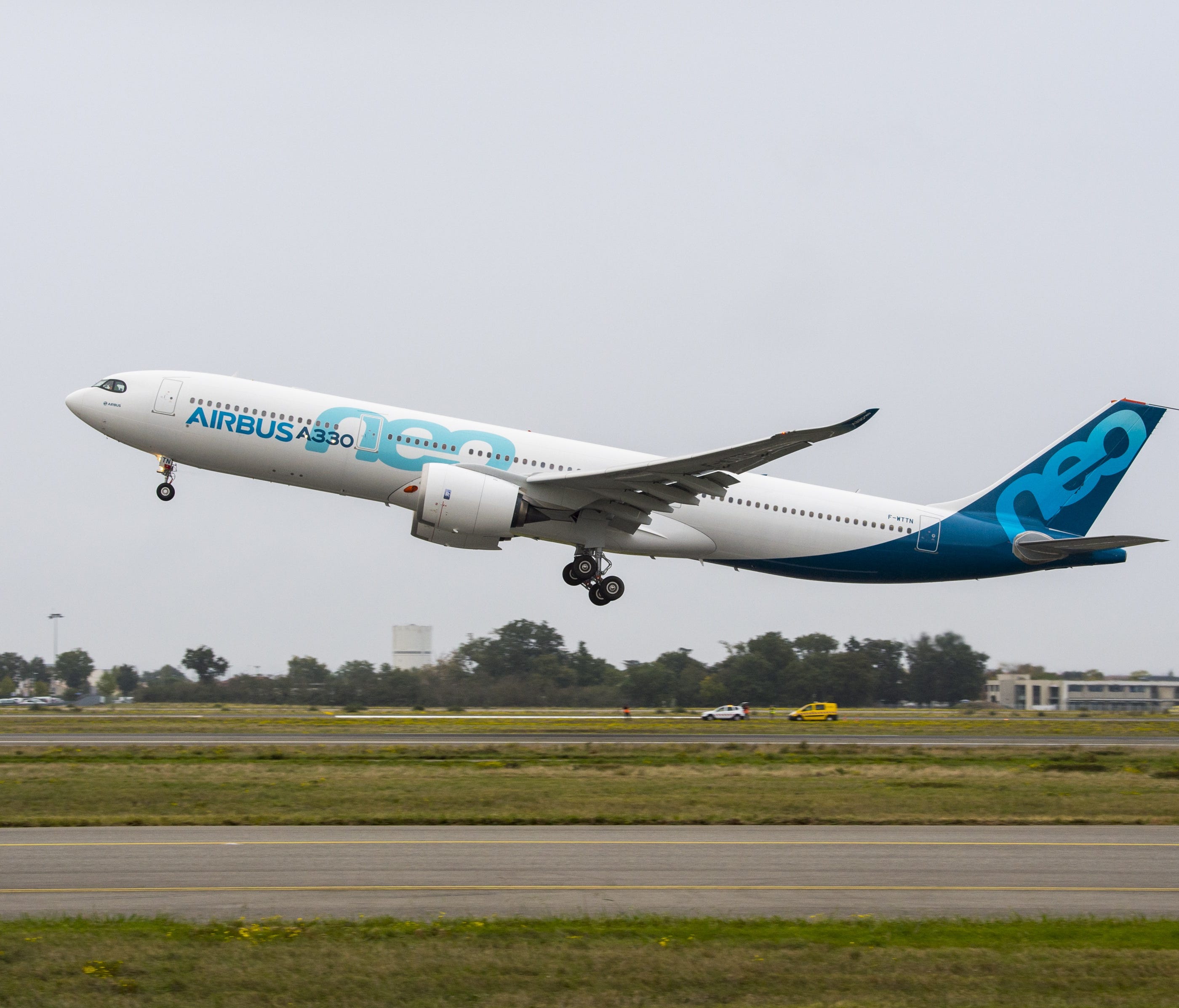 Airbus's first Airbus A330neo departs on its maiden flight Thursday, Oct. 19, 2017, in Toulouse, France.