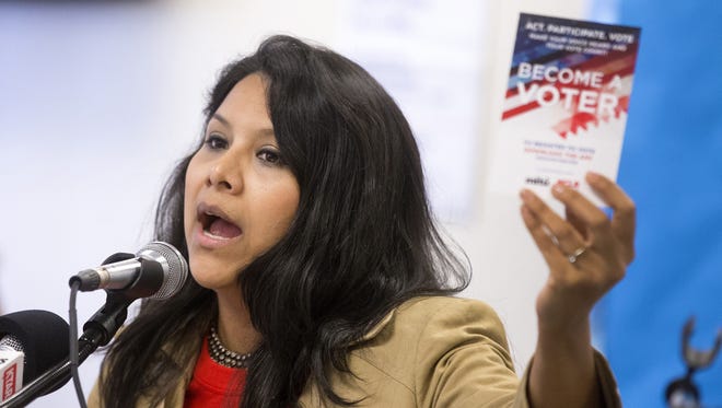 Janet Hernandez, National Council of La Raza senior manager, civic engagement,  speaks during a press conference at South Mountain Community Center in Phoenix on May 14, 2016.