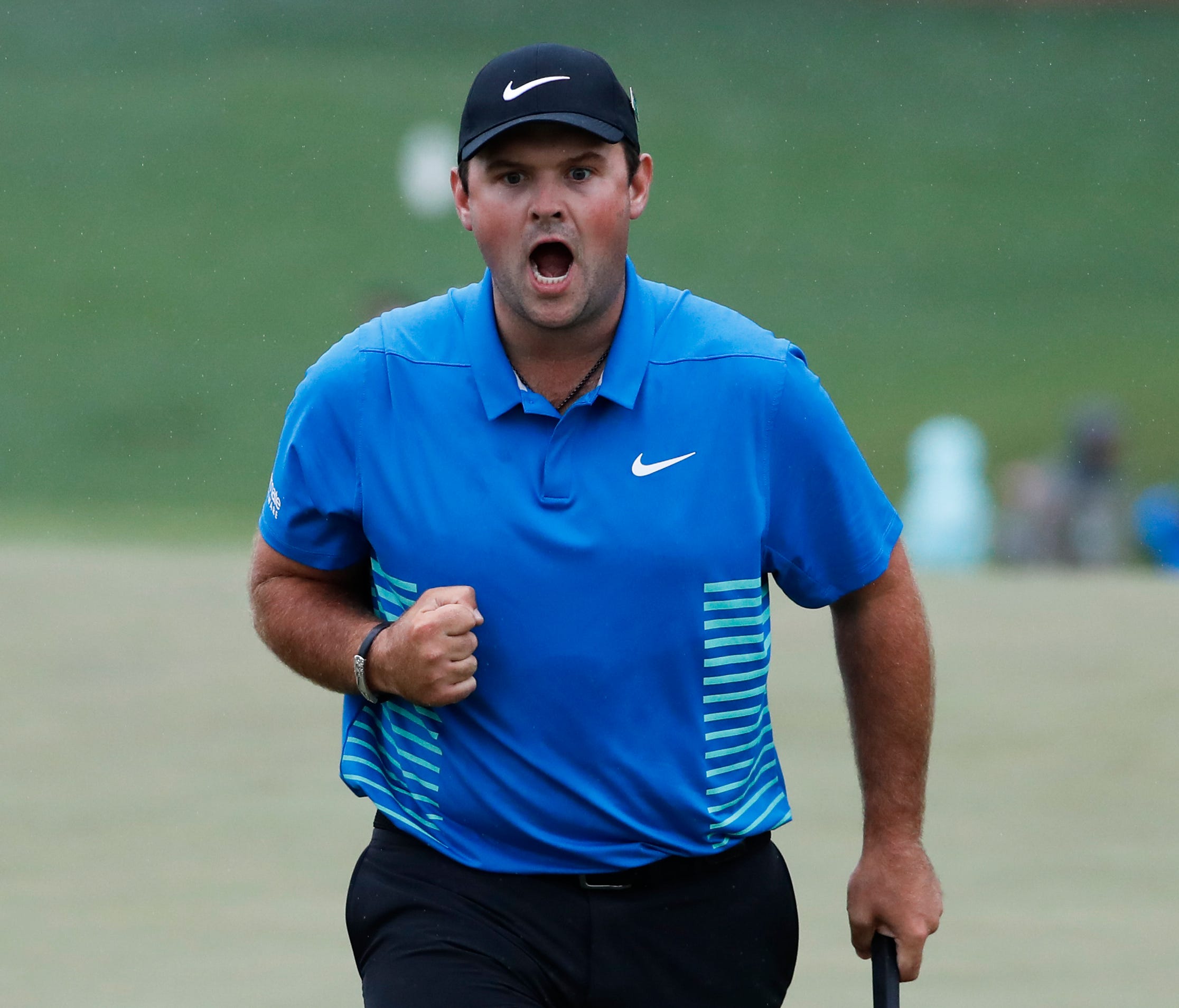 On the ninth, Patrick Reed reacts after making a birdie putt during the third round at the Masters golf tournament Saturday, April 7.