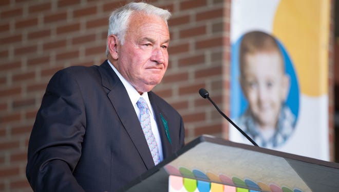 Tom Golisano becomes emotional while talking about what it feels like to have his family's name on the building of the Golisano Children's Hospital during a ribbon cutting ceremony in 2015.