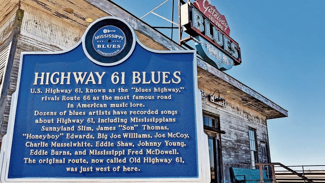 A historical marker outside the Gateway to the Blues Museum in Tunica commemorates Blues Highway 61.