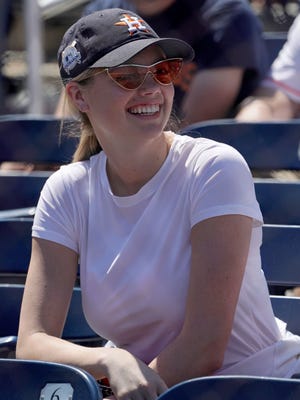 American actress and model Kate Upton attends the spring training game that her husband Houston Astros starting pitcher Justin Verlander pitches against the St. Louis Cardinals at The Ballpark of the Palm Beaches.