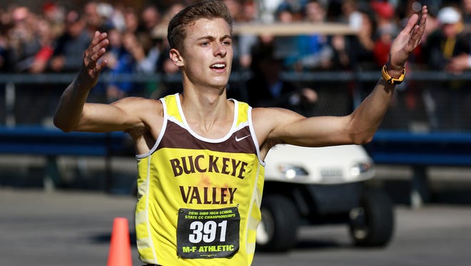 Buckeye Valley junior Zach Kreft raises his arms as he wins the Division II state cross country championship earlier this fall. Kreft was named MOAC Red Division Runner of the Year as well.