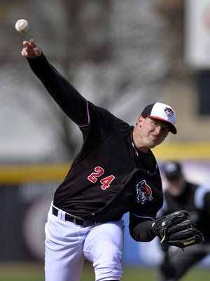 Erie SeaWolves pitcher Austin Kubitza delivers against the Altoona Curve on April 25, 2015, in Erie, Pa. Altoona won 4-1.
