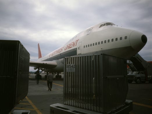 A historical shot of a Northwest Orient Boeing 747.
