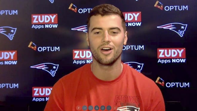 In this still image from a Webex media availability hosted by the New England Patriots, quarterback Jarrett Stidham responds to a question on Friday in Foxborough.