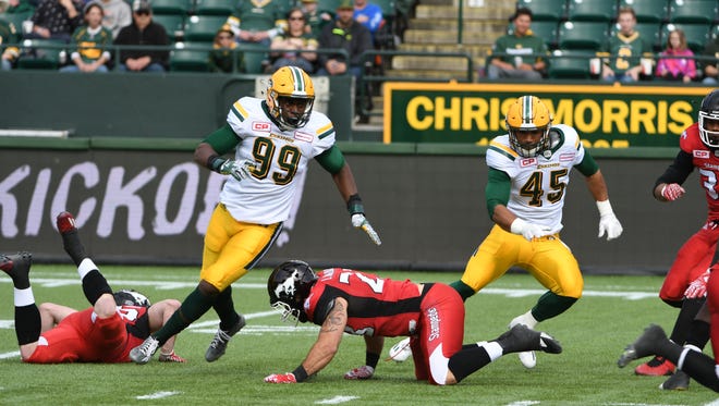 Korey Jones (45) shown here playing for the Edmonton Eskimos. Jones went to Rocky Mountain High School and played college football at Wyoming.