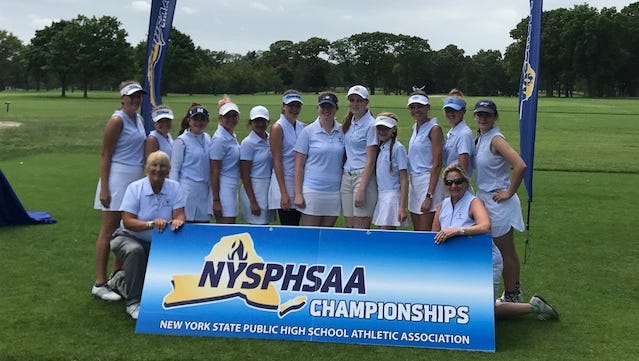 The members of the 2018 Section V girls golf state team (in order of finish): Mikah McDonnell (Webster), Claire Yioulos (Honeoye Falls-Lima), Jayde Ford (Pittsford), Julia Zigrossi (Spencerport), Michaela Eichas (Mercy), Sydney Carlo (Mercy), Athena Baronos (Harley-Allendale Columbia), Holly Ebert (Penfield), Anika Fischer (Mercy), Annie Glenning (Pittsford), Sophie Renzi (Pittsford), Kelly Yorky (Pittsford).