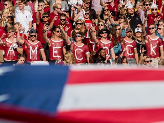 South Carolina Gamecocks students cheer before the