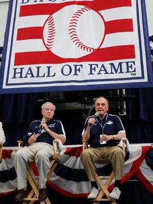 Tom Gage and Dick Enberg answer questions at the Baseball Hall of Fame.