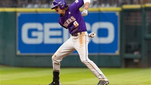 LSU's Mark Laird celebrates after hitting a double during a game earlier this season.