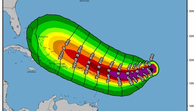 Hurricane Irma's anticipated path and arrival time are shown in this National Hurricane Center map.