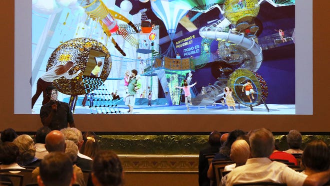 A representative for Gyroscope Inc., a design studio based in Oakland, Calif., shows renderings of how an interior space in the new El Paso children’s museum could look during a meeting last year to unveil the new museum’s master plan at the El Paso Community Foundation in Downtown.