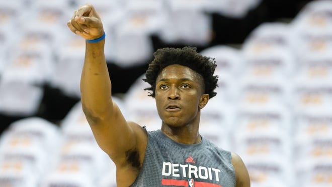 Stanley Johnson of the Detroit Pistons warms up prior to Game 2 against the Cleveland Cavaliers on April 20, 2016, in Cleveland, Ohio.