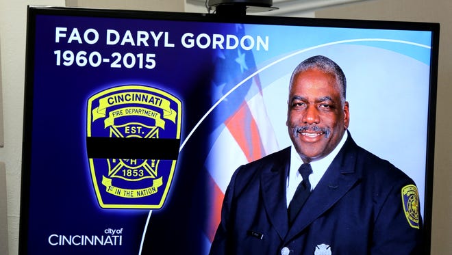Cincinnati firefighter Daryl Gordon, a 30-year veteran, was killed this morning as he searched for victims in a four-alarm fire in Madisonville. Thursday, March 26, 2015. Cincinnati firefighter Daryl Gordon, a 26-year veteran, was killed this morning as he searched for victims in a 4-alarm fire in Madisonville. This image is from a monitor at City Hall during the press conference with Mayor John Cranley and others.
