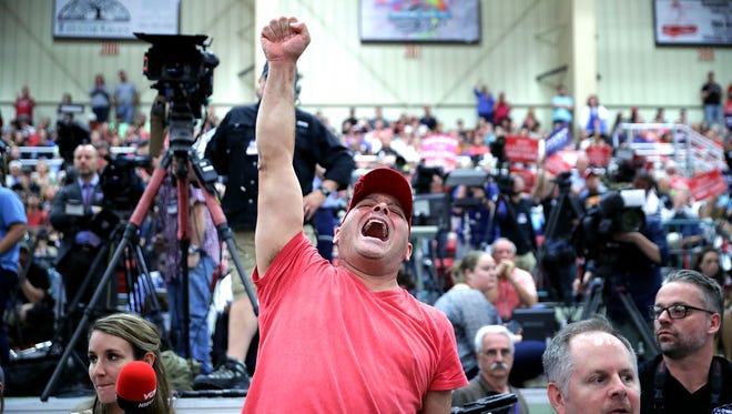 Georgio Trisco screams "Trump!" during a campaign rally at the Cabarrus Arena on Nov. 3, 2016, in Concord, N.C.