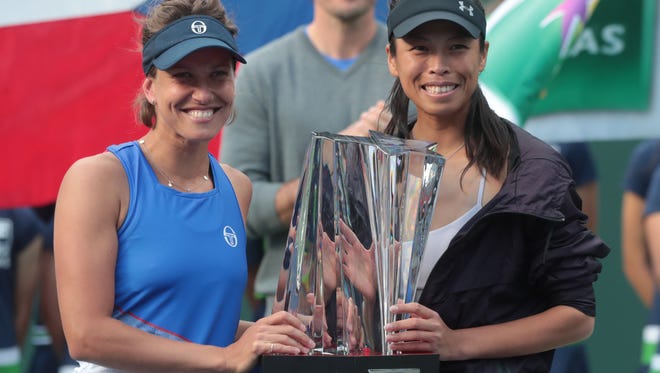 Su-Wei Hsieh of Chinese Taipei and Barbora Strycova of the Czech Republic are this years winner of the BNP Paribas Open womens doubles title after they beat the Russian pair of Ekaterina Makarova and Elena Vesnina on Saturday in Indian Wells.