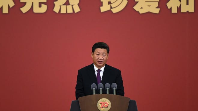 Chinese President Xi Jinping gives a speech at a ceremony marking the 70th anniversary of the end of World War II in the Great Hall of the People in Beijing on Sept. 2, 2015.