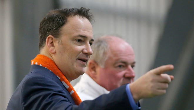 President and general manager Jeff Berding watches tryouts during FC Cincinnati's combine at Wall2Wall in Mason, Ohio, on Thursday, Jan. 28, 2016. FC Cincinnati's inaugural season opens on March 25 at the University of Cincinnati's Nippert Stadium.