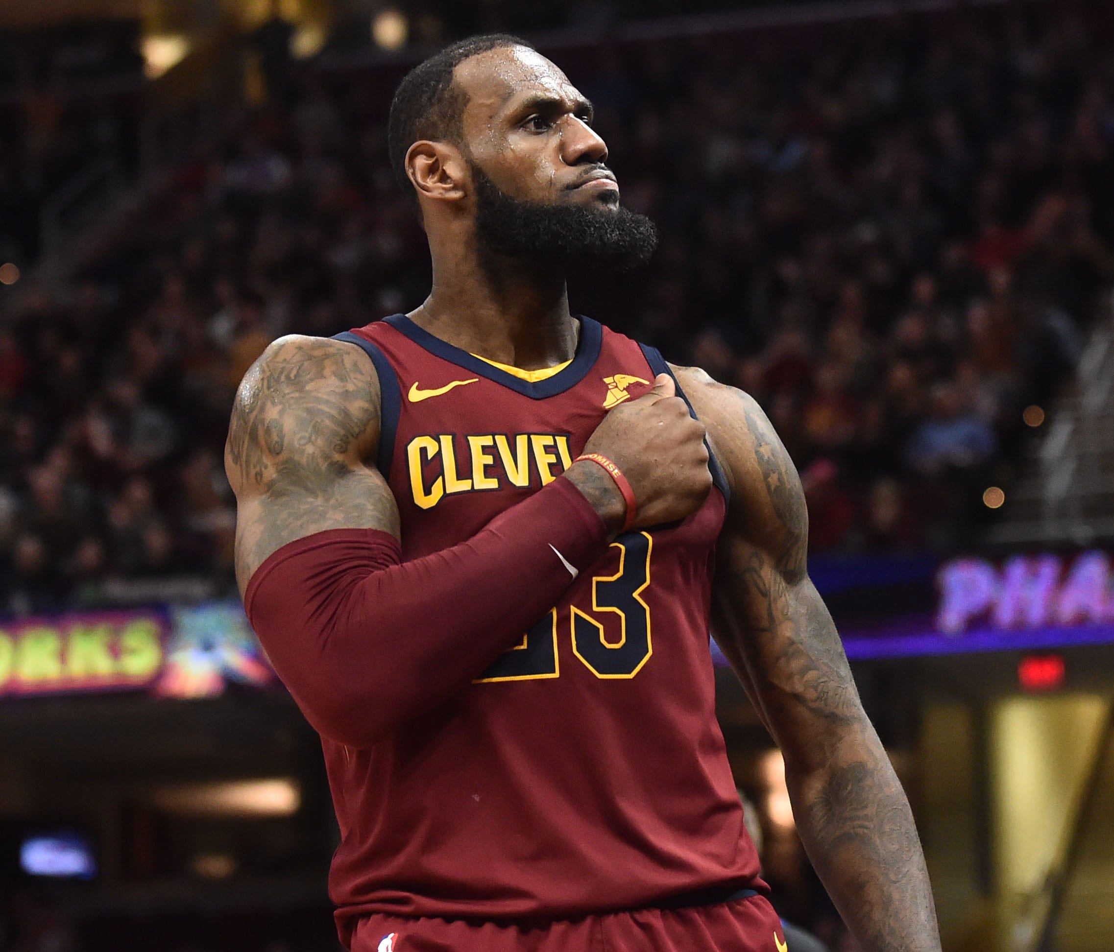 Jan 28, 2018; Cleveland, OH, USA; Cleveland Cavaliers forward LeBron James (23) reacts after a basket during the second half against the Detroit Pistons at Quicken Loans Arena. Mandatory Credit: Ken Blaze-USA TODAY Sports