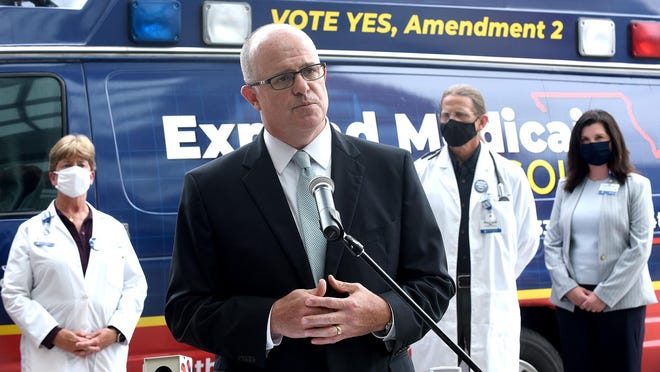 Matt McCormick, president of the Columbia Chamber of Commerce, encourages voters to vote for Medicaid expansion during a press conference Wednesday at Boone Hospital Center.