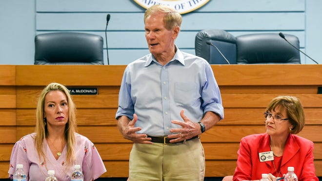 Senior U.S. Senator for Florida Bill Nelson discusses toxic discharges in local waterways and ways to stop them Thursday, July 5, 2018, with city, county, and state officials, ecological and medical experts, and local business owners and residents during a public meeting at Stuart City Hall in downtown Stuart.