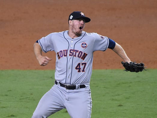 Game 2 at Dodger Stadium: Chris Devenski celebrates