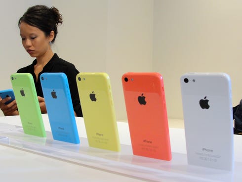 The new lower-cost iPhone 5C is shown at an iPhone event at Apple's headquarters in Cupertino, California.