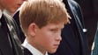 Harry waits with his father and brother for Princess Diana's coffin to be loaded into a hearse after the funeral service in Westminster Abbey.