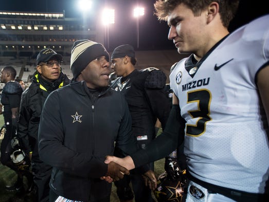 Vanderbilt head coach Derek Mason congratulates Missouri