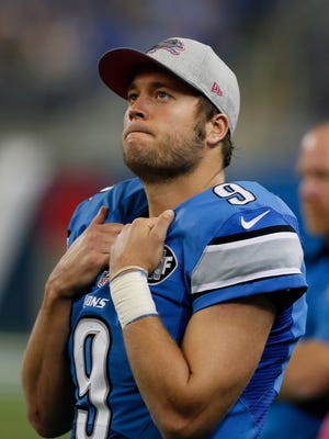 Detroit Lions Matthew Stafford on the sidelines shortly after backup Dan Orlovsky replaced him during their 42-17 loss to the Arizona Cardinals on Sunday, October 11, 2015, in Detroit. Julian H. Gonzalez/Detroit Free Press