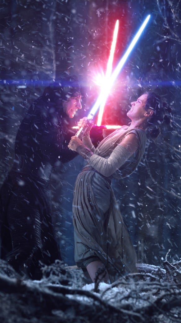 Kylo Ren (Adam Driver, left) and Rey (Daisy Ridley)