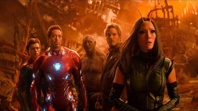 From left, Tom Holland, Robert Downey Jr., Dave Bautista, Chris Pratt and Pom Klementieff in a scene from "Avengers: Infinity War."