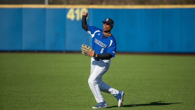 Calvin Scott uncorks a throw from right field in Delaware's recent game against Rider