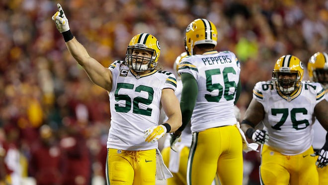 Green Bay Packers linebacker Clay Matthews (52) reacts after sacking Washington Redskins quarterback Kirk Cousins (8) during January's NFC wild-card round playoff game at FedEx Field.